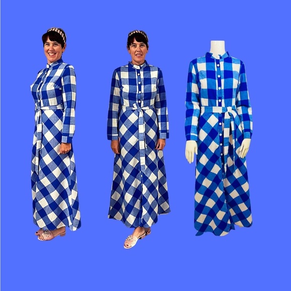 Size S-M Custom Made White check Navy Background Gingham Long Dress Long Sleeve - Picture 1 of 6
